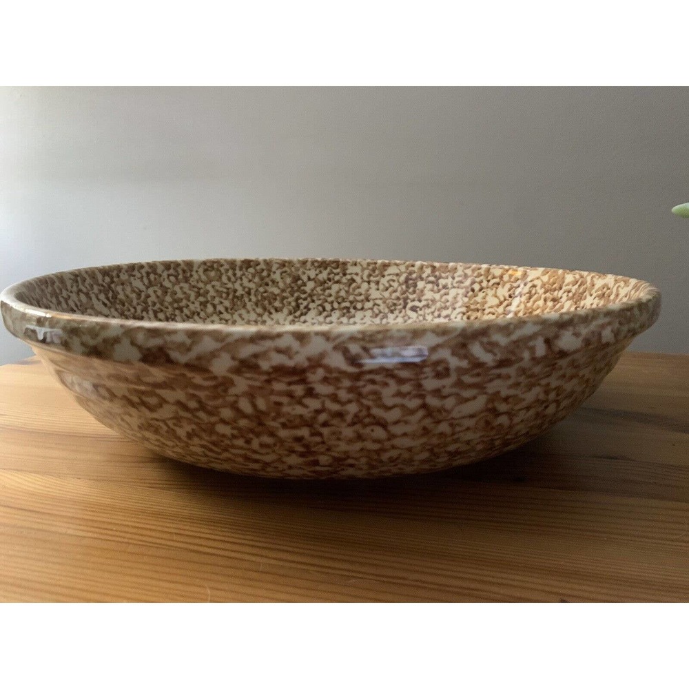 Roseville 13 inch Brown and White Spongeware Bowl, Vintage